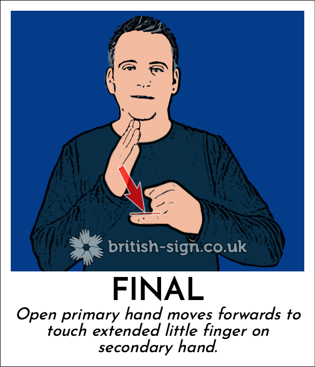 Final: Open primary hand moves forwards to touch extended little finger on secondary hand.